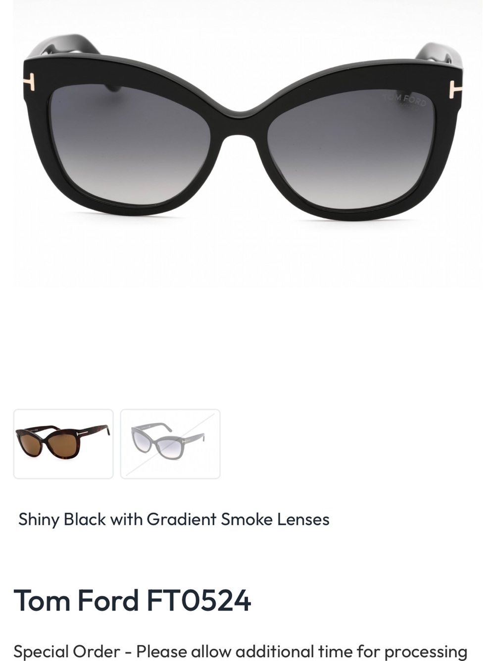 Tom Ford Shiny Black Cat-Eye Sunglasses with Gradient Smoke Lenses
